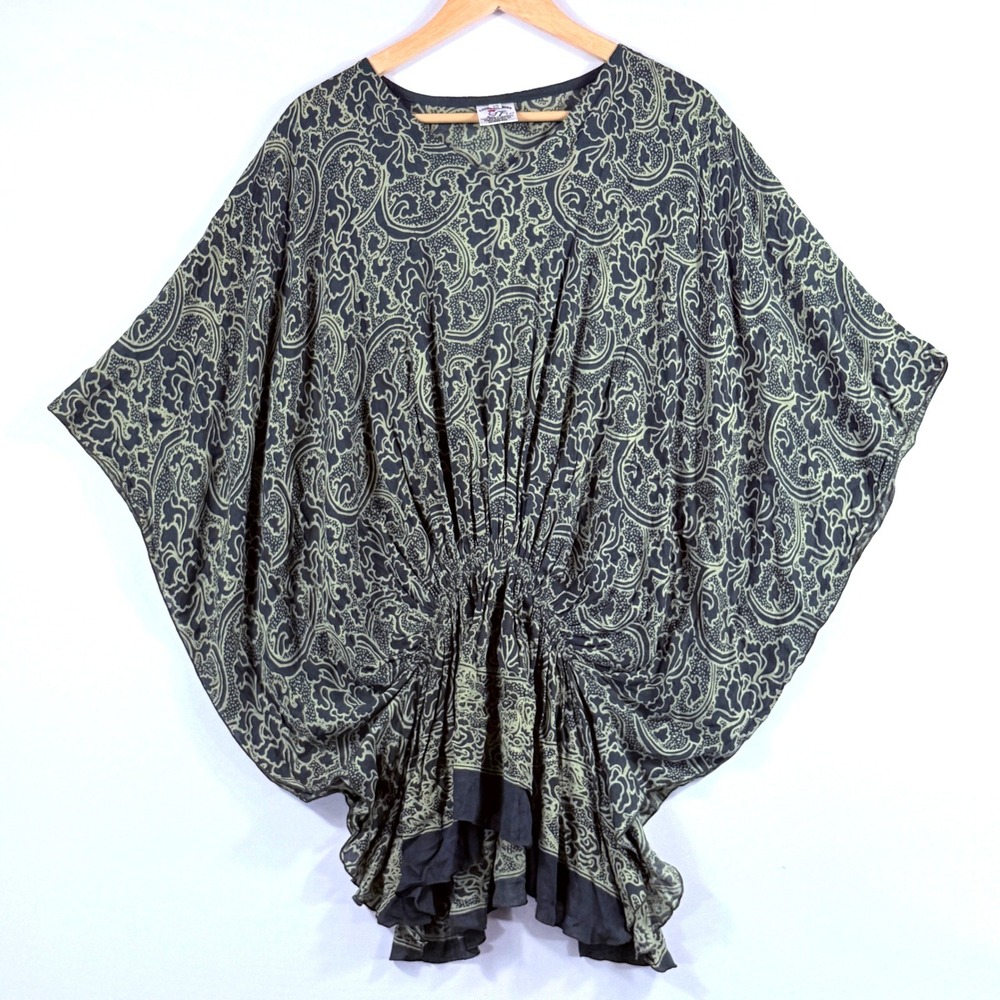Young Fashion Kaftan Top Womens One Size Green Batik Boho Indie Hippie Beachy